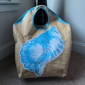 Mud Pie Jute Beach Bag/Tote - Tan and Blue - Shell - 21" W x 8" D x 23" H